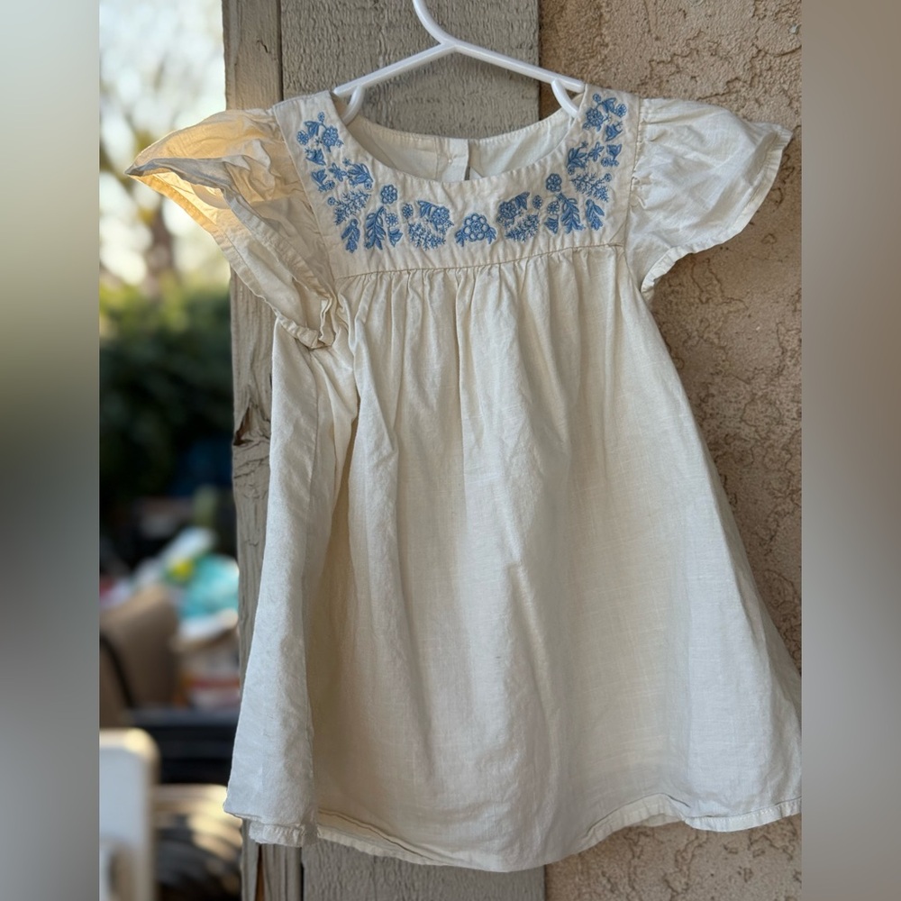 Janie and Jack Cream Dress with Blue Embroidered Yoke